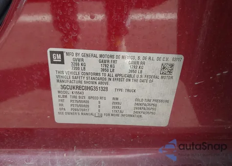 2017 Chevrolet Silverado 1500 2Lt из США, поврежденный, VIN 3GCUKREC8HG351328